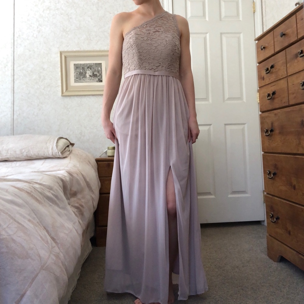 David’s Bridal, one-shoulder, bridesmaid dress.